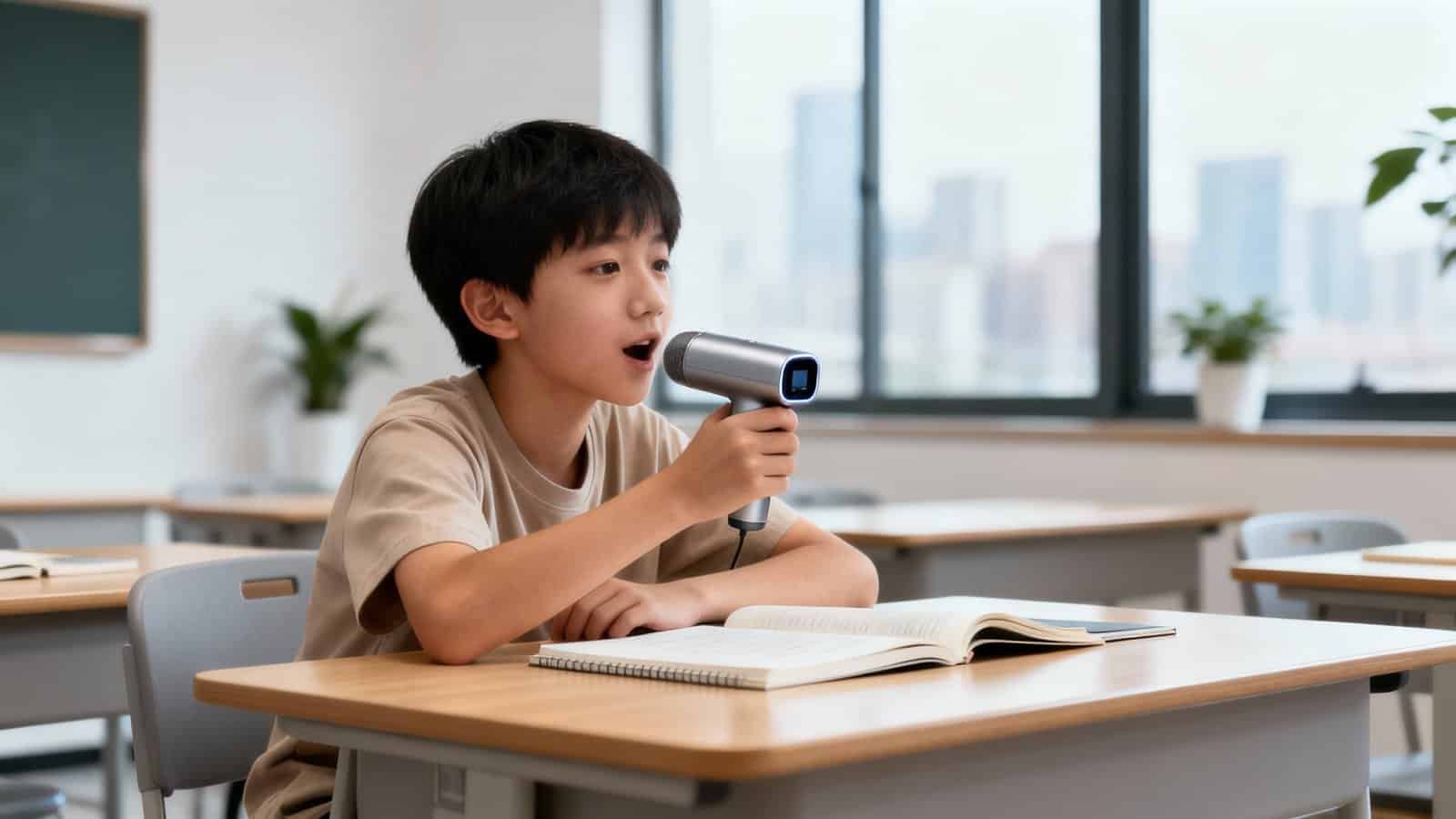 A young boy speaking into a handheld scanner or microphone in a classroom setting, with open books in front of him. Bright, modern classroom with large windows and potted plants.