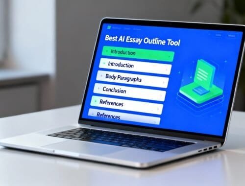 AI essay outline tool displayed on a sleek silver laptop screen, showcasing a structured outline with sections like Introduction, Body Paragraphs, and Conclusion.