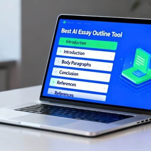 Best AI Essay Outline Generator for High School Students 6 AI essay outline tool displayed on a sleek silver laptop screen, showcasing a structured outline with sections like Introduction, Body Paragraphs, and Conclusion.