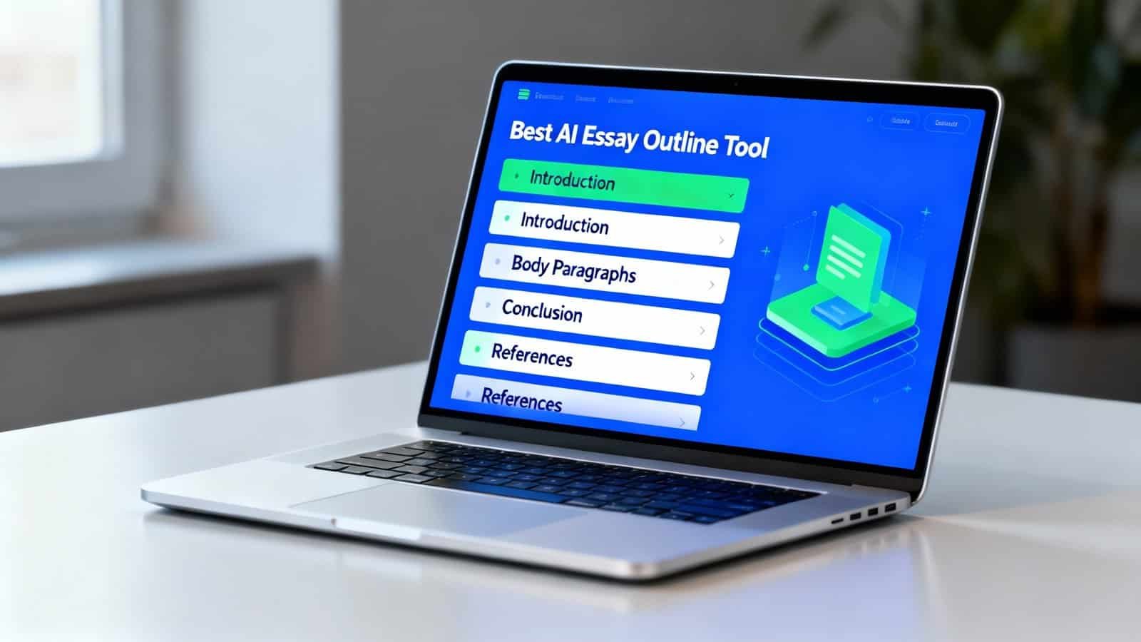 AI essay outline tool displayed on a sleek silver laptop screen, showcasing a structured outline with sections like Introduction, Body Paragraphs, and Conclusion.