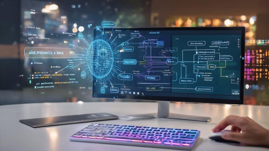 AI-powered digital brain interface displaying complex data and neural network diagrams on a sleek computer monitor at a modern workspace.