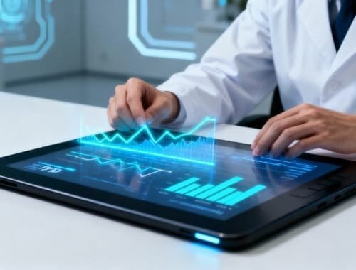 Advanced digital health monitoring technology displayed on tablet screen in a modern medical setting.