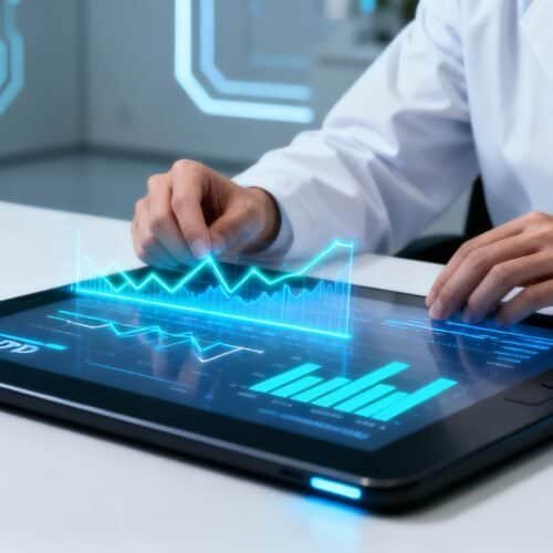 Advanced digital health monitoring technology displayed on tablet screen in a modern medical setting.