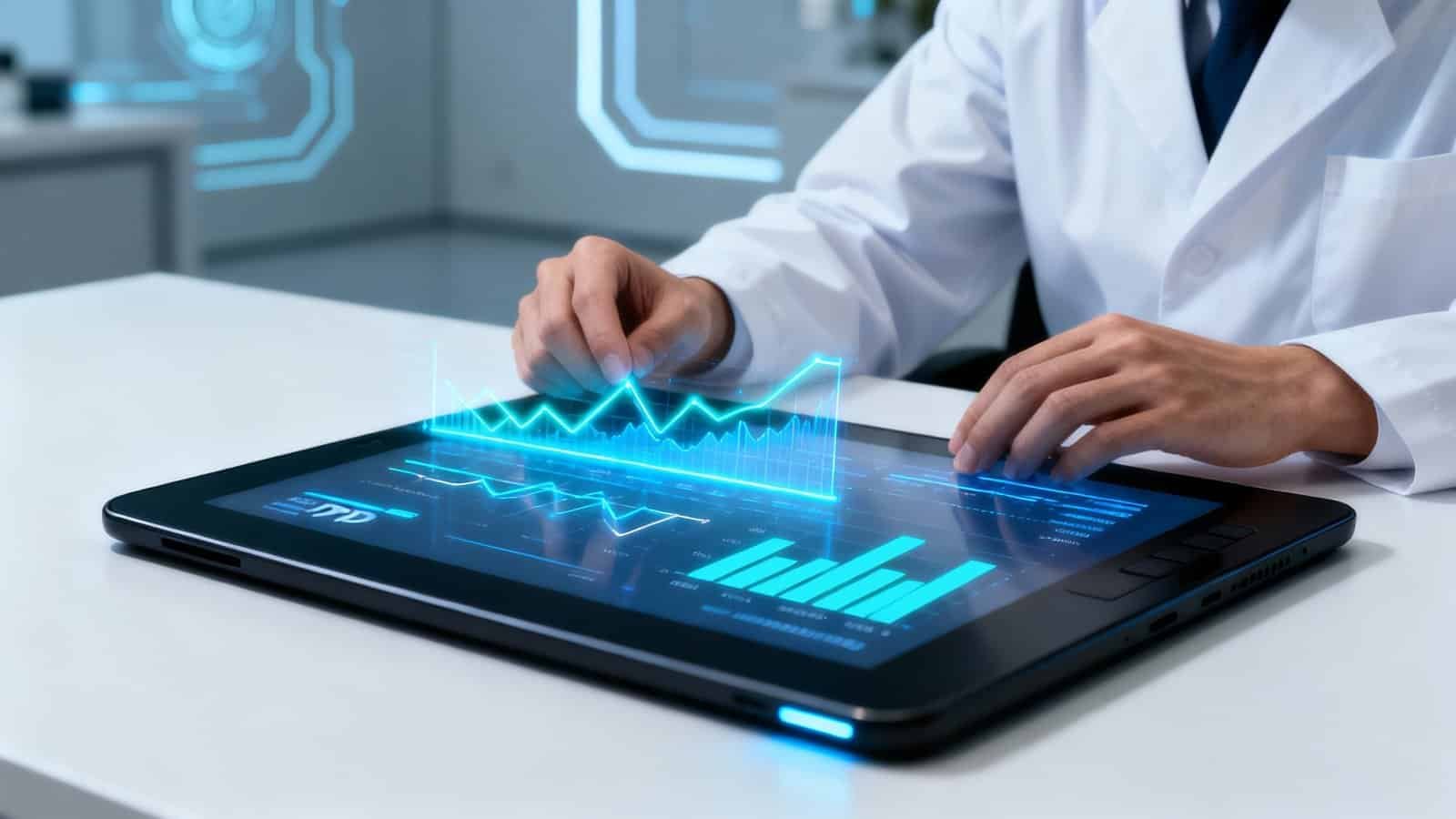 Advanced digital health monitoring technology displayed on tablet screen in a modern medical setting.