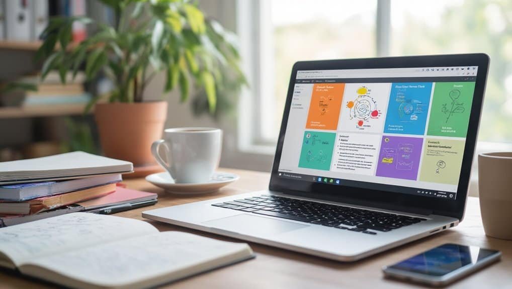 Collage of website tools and products on a laptop screen with notebooks, coffee, and plants on a desk for digital workspace inspiration.