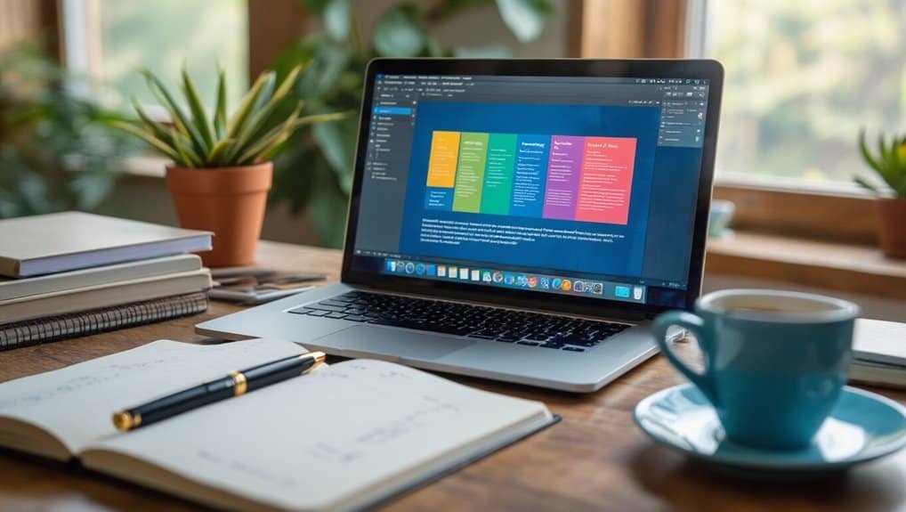 Efficient workspace featuring a laptop with website tools interface, surrounded by notebooks, a pen, and a coffee cup, ideal for web development and digital project management.