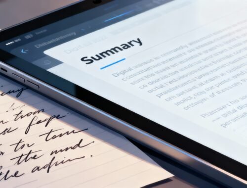 A digital tablet displaying a summary screen on a desk with handwritten notes underneath, emphasizing online content and note-taking.