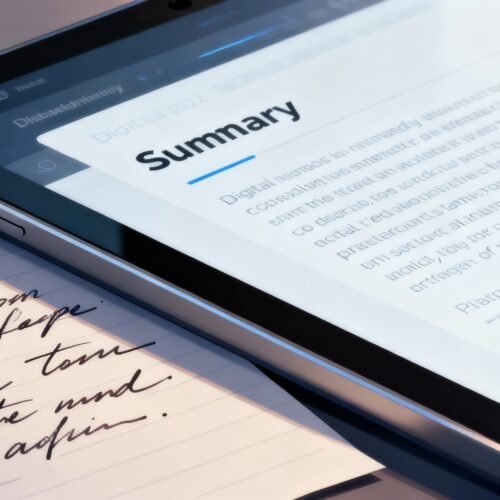 AI to Convert Handwritten Notes to Digital With Summaries 8 A digital tablet displaying a summary screen on a desk with handwritten notes underneath, emphasizing online content and note-taking.
