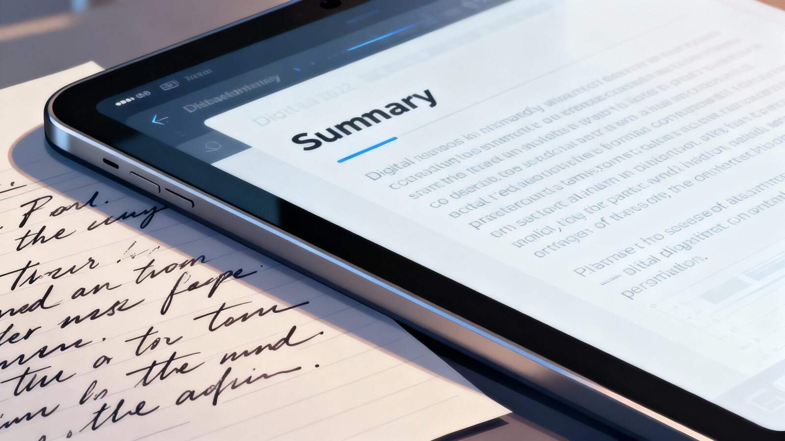 AI to Convert Handwritten Notes to Digital With Summaries 1 A digital tablet displaying a summary screen on a desk with handwritten notes underneath, emphasizing online content and note-taking.