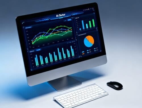 A sleek iMac showing various data analytics charts and graphs on its screen, with a wireless keyboard and mouse on a minimalistic desk, illustrating website and data analysis tools.