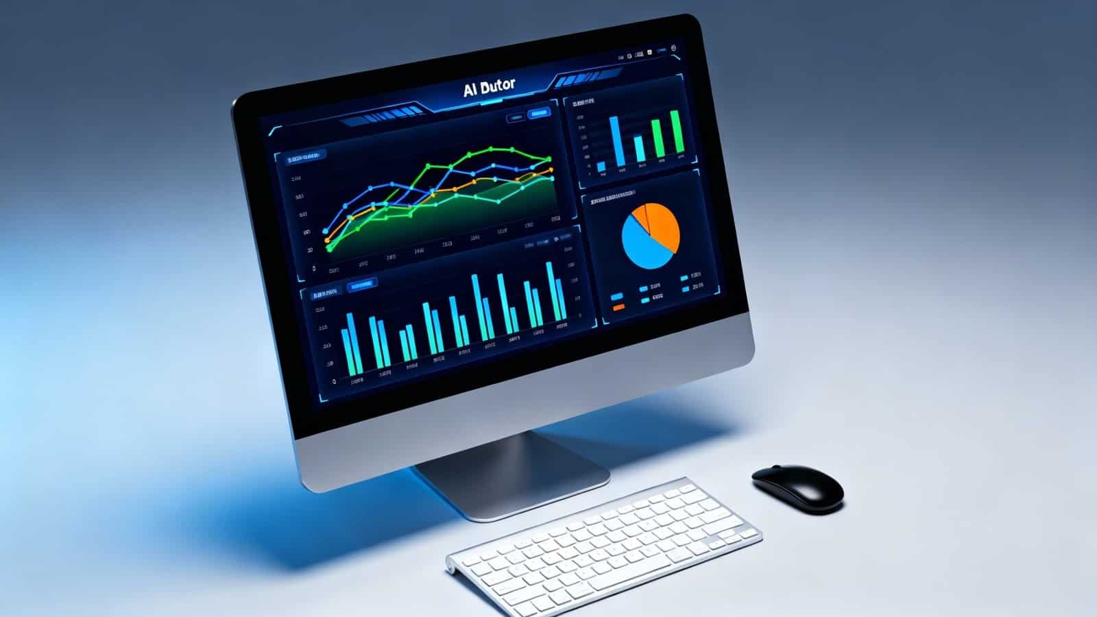 A sleek iMac showing various data analytics charts and graphs on its screen, with a wireless keyboard and mouse on a minimalistic desk, illustrating website and data analysis tools.