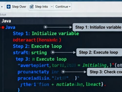 An image of a Java code editor showing step-by-step instructions: initialize variables, execute loops, check conditions.