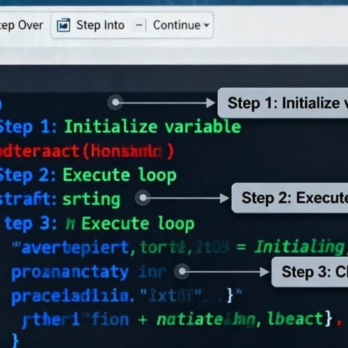 An image of a Java code editor showing step-by-step instructions: initialize variables, execute loops, check conditions.