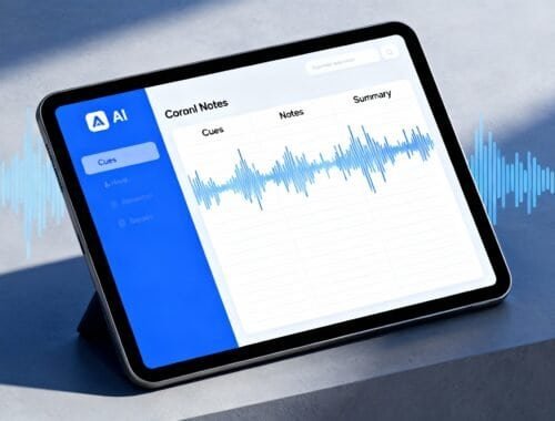 Audio editing app displaying waveforms and notes on a tablet screen, showcasing professional voice recording and sound analysis tools.