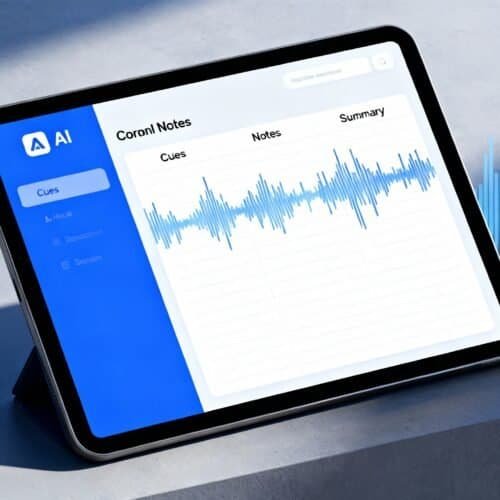 Audio editing app displaying waveforms and notes on a tablet screen, showcasing professional voice recording and sound analysis tools.