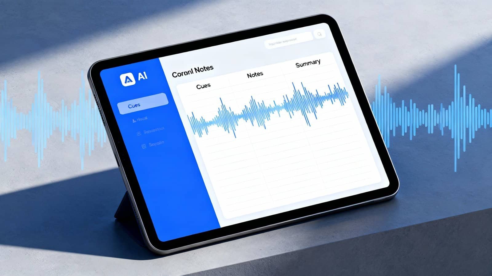 Audio editing app displaying waveforms and notes on a tablet screen, showcasing professional voice recording and sound analysis tools.
