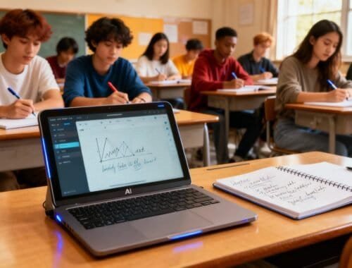 A classroom with students taking notes, featuring a laptop displaying a graph and handwritten notes, emphasizing the use of digital tools and AI technology in education environments.