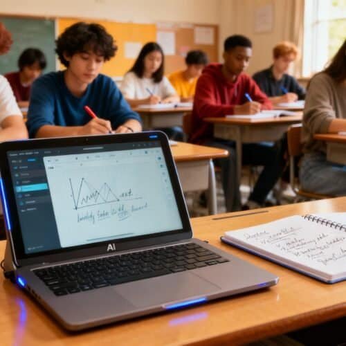 A classroom with students taking notes, featuring a laptop displaying a graph and handwritten notes, emphasizing the use of digital tools and AI technology in education environments.