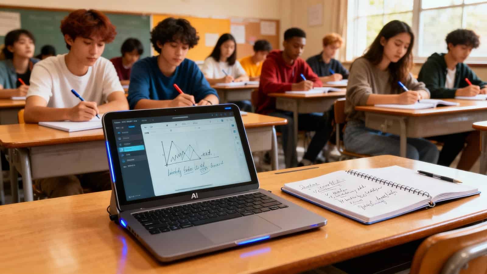 A classroom with students taking notes, featuring a laptop displaying a graph and handwritten notes, emphasizing the use of digital tools and AI technology in education environments.