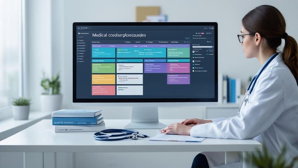 Medical professional reviewing electronic health records on a computer screen in a modern medical office.