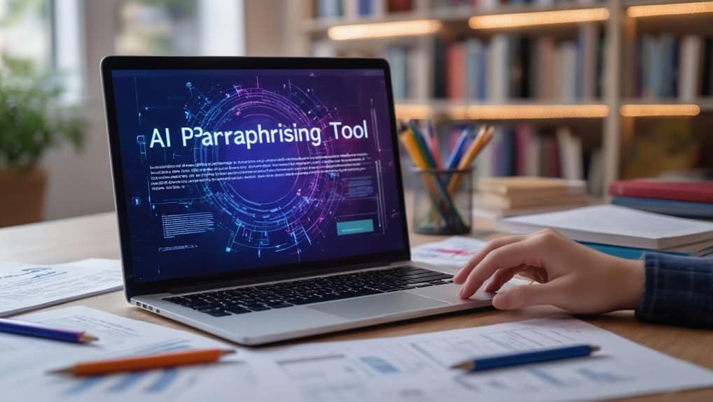 AI paraphrasing tool displayed on a laptop screen, surrounded by papers and pens on a desk in a cozy study room.