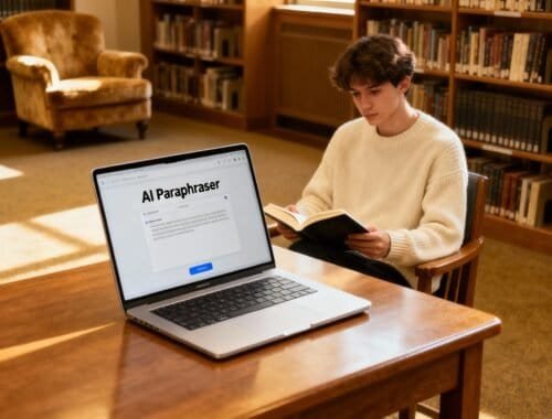 AI Paraphraser software displayed on laptop screen in a library setting.