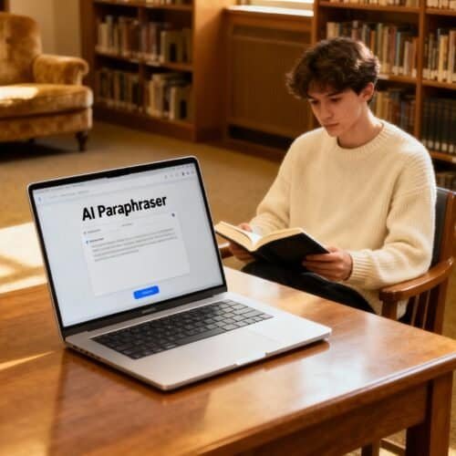 AI Paraphraser software displayed on laptop screen in a library setting.