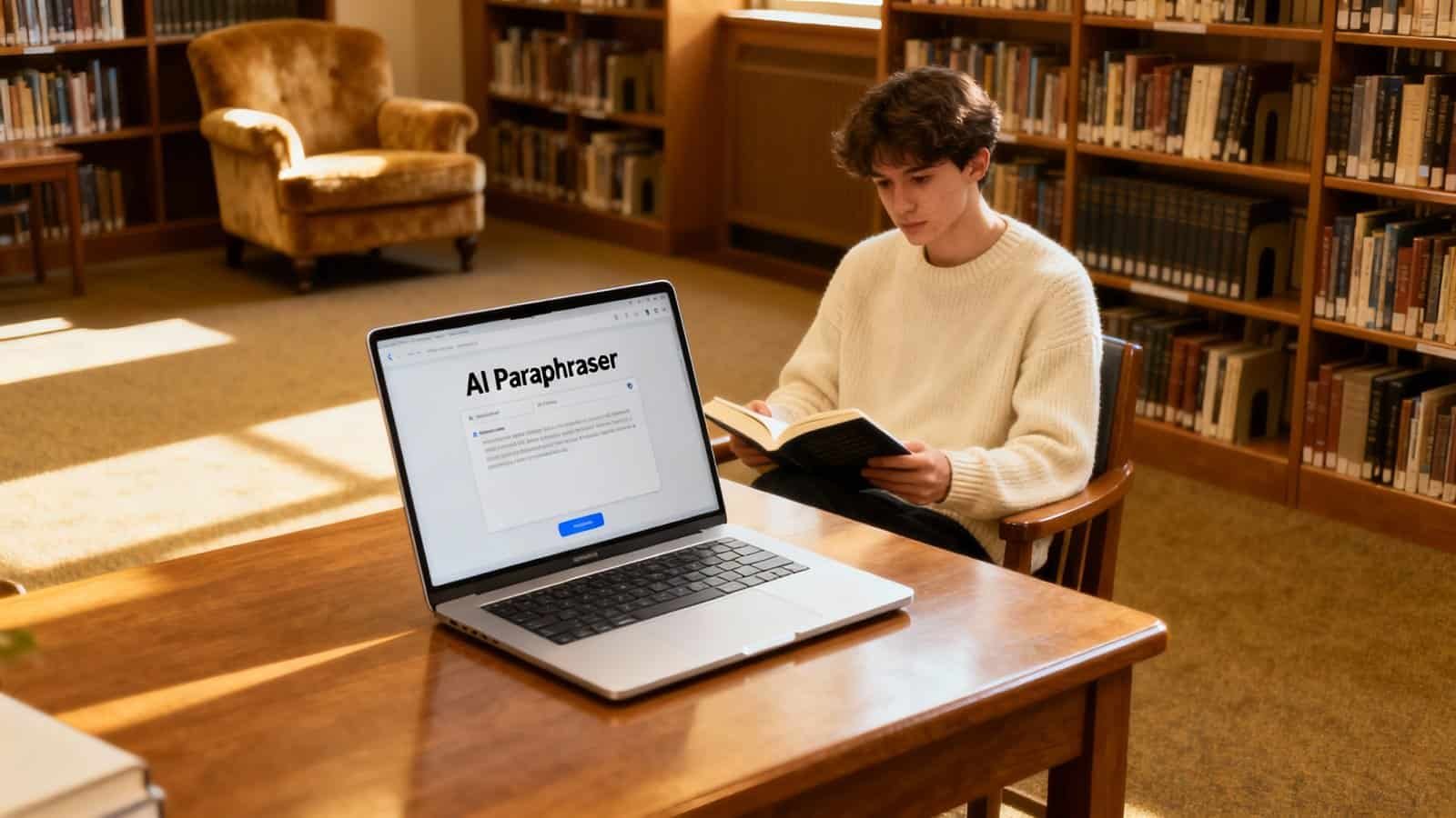 AI Paraphraser software displayed on laptop screen in a library setting.