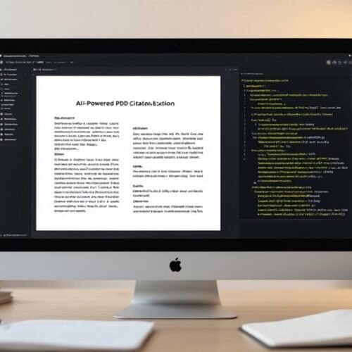 AI-powered document editing on an iMac, showcasing code on the right and a text document on the left, with a modern workspace including books, notebooks, and a coffee mug in the background.