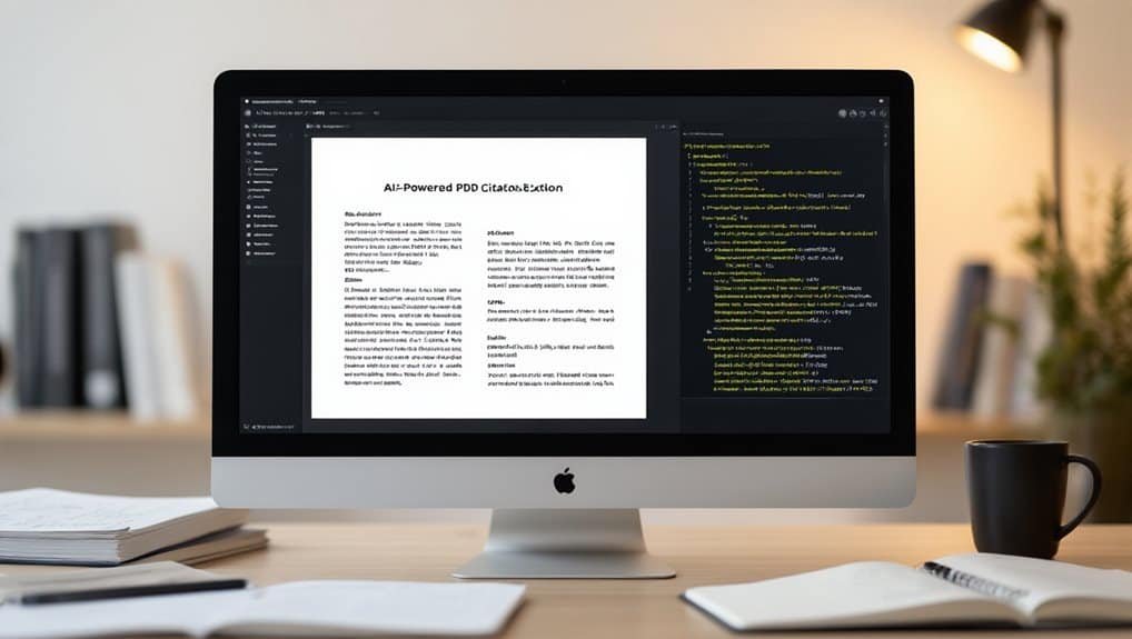 AI-powered document editing on an iMac, showcasing code on the right and a text document on the left, with a modern workspace including books, notebooks, and a coffee mug in the background.