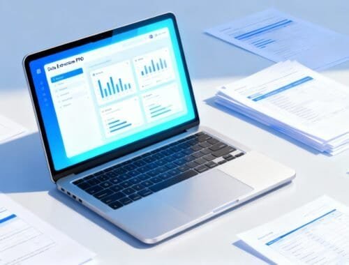 An open laptop displaying analytics and data visualization on a website tools platform with papers and reports scattered around for analysis.