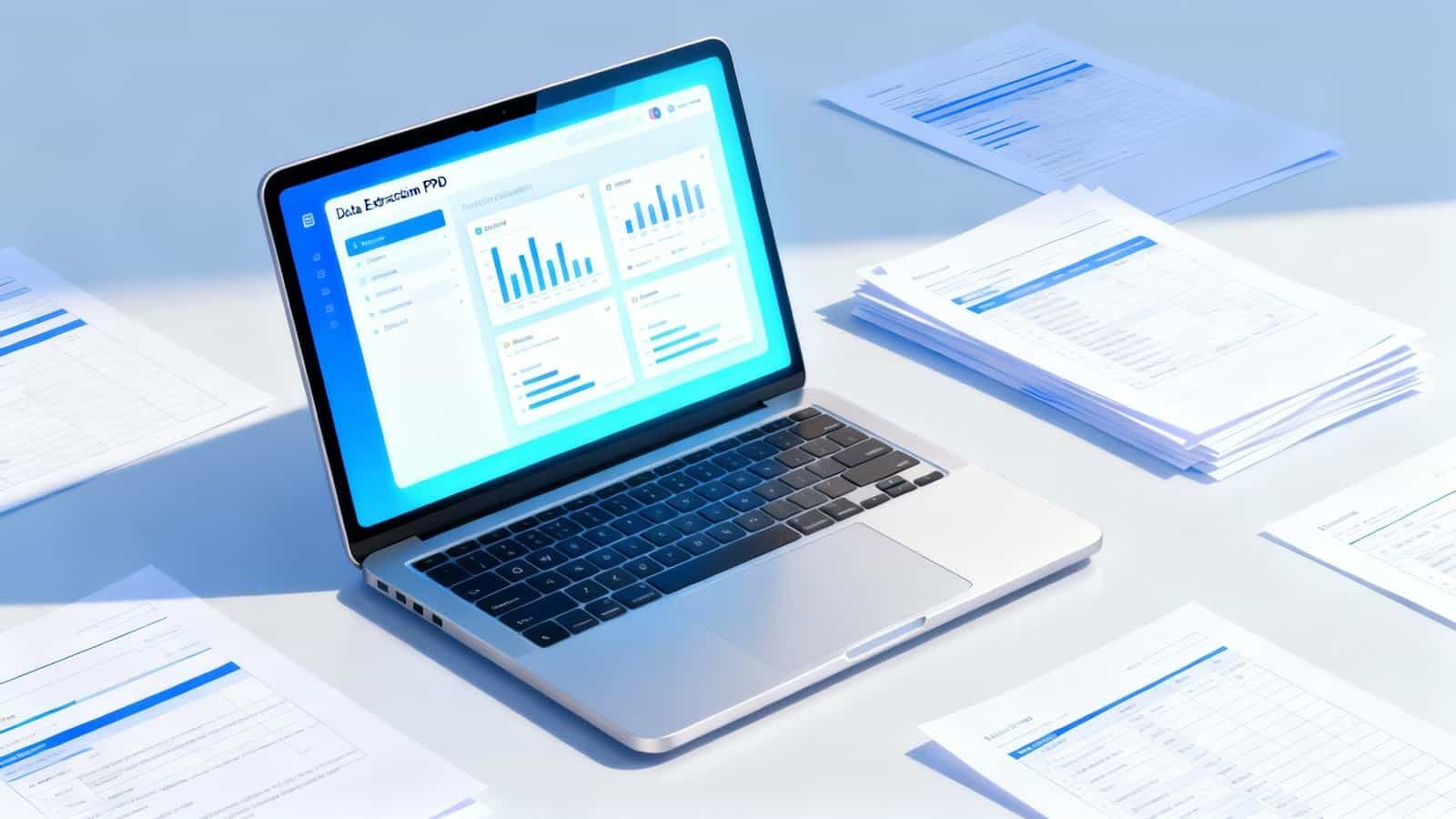 An open laptop displaying analytics and data visualization on a website tools platform with papers and reports scattered around for analysis.