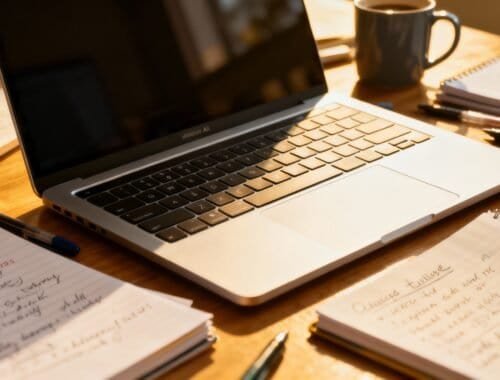 Laptop on wooden desk surrounded by notebooks, pens, and a coffee mug, used for studying or work. The scene is well-lit with natural sunlight, creating a productive workspace environment.