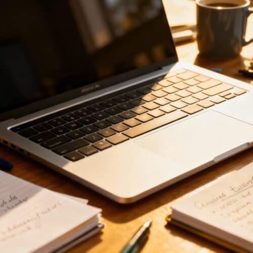 AI Personal Statement Writer for College Applications 4 Laptop on wooden desk surrounded by notebooks, pens, and a coffee mug, used for studying or work. The scene is well-lit with natural sunlight, creating a productive workspace environment.