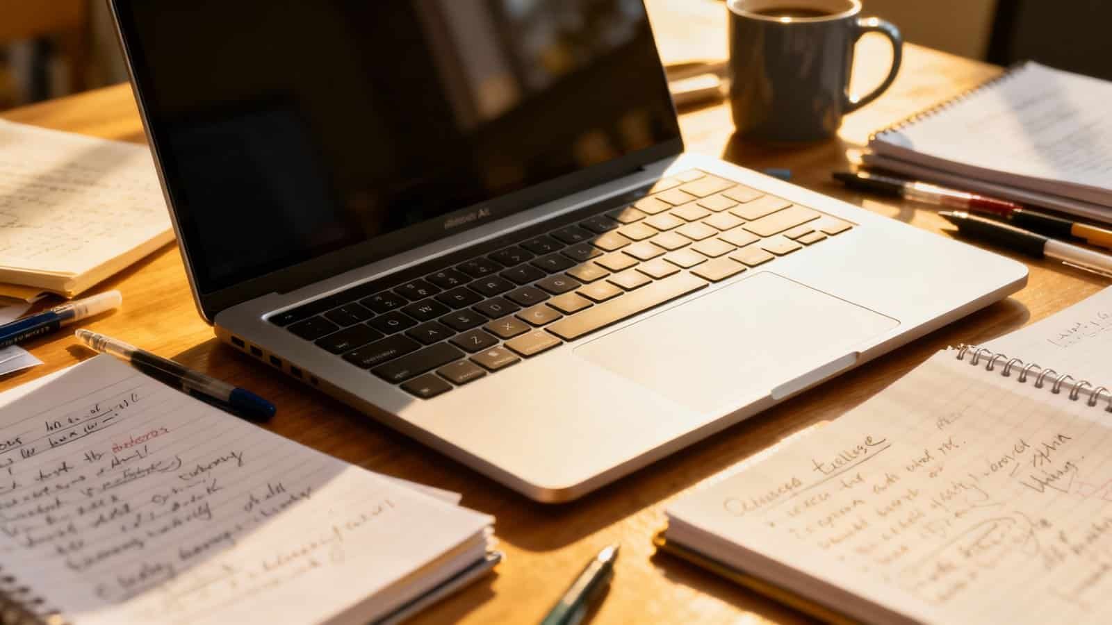 Laptop on wooden desk surrounded by notebooks, pens, and a coffee mug, used for studying or work. The scene is well-lit with natural sunlight, creating a productive workspace environment.
