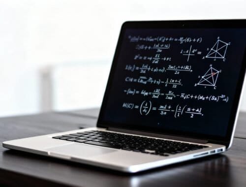 A laptop displaying complex mathematical formulas and geometric diagrams on its screen, set on a wooden desk, illustrating advanced math learning or research tools.