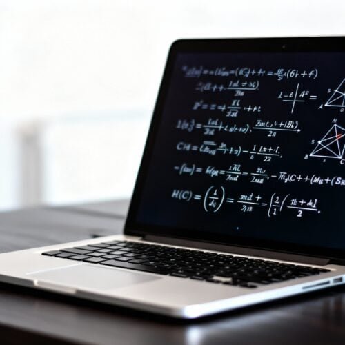 A laptop displaying complex mathematical formulas and geometric diagrams on its screen, set on a wooden desk, illustrating advanced math learning or research tools.