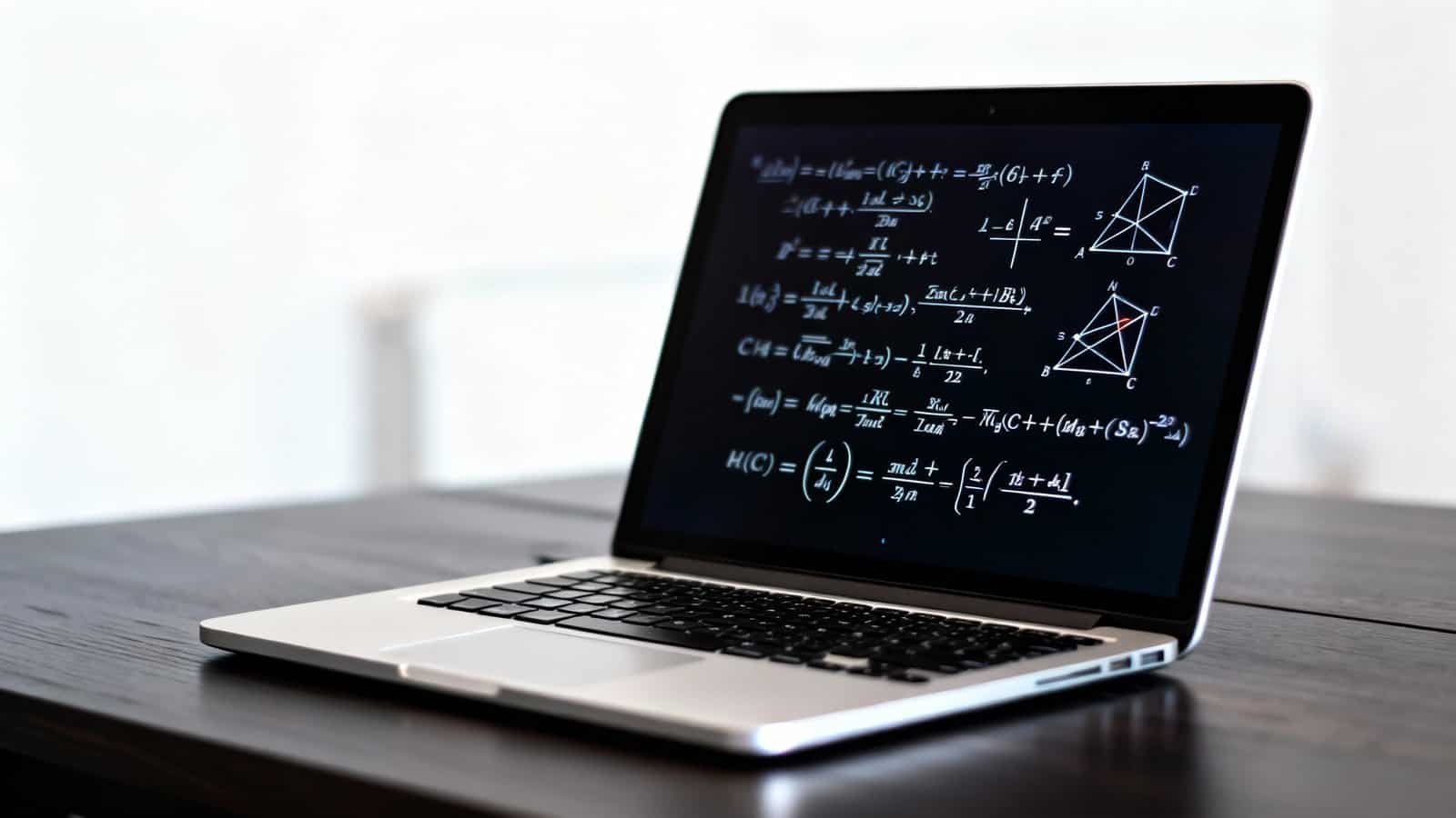 AI Physics Problem Solver That Shows Derivations 1 A laptop displaying complex mathematical formulas and geometric diagrams on its screen, set on a wooden desk, illustrating advanced math learning or research tools.