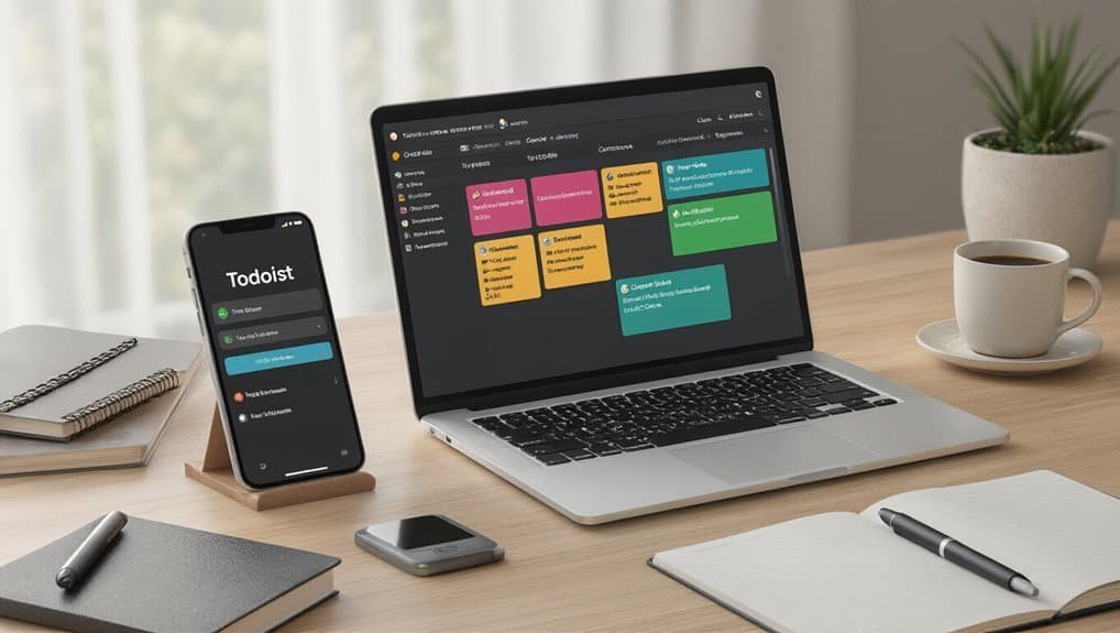 Organized workspace with a laptop displaying a colorful digital planner, smartphone with task management app, notebook, pen, cup of coffee, and potted plant on a wooden desk.