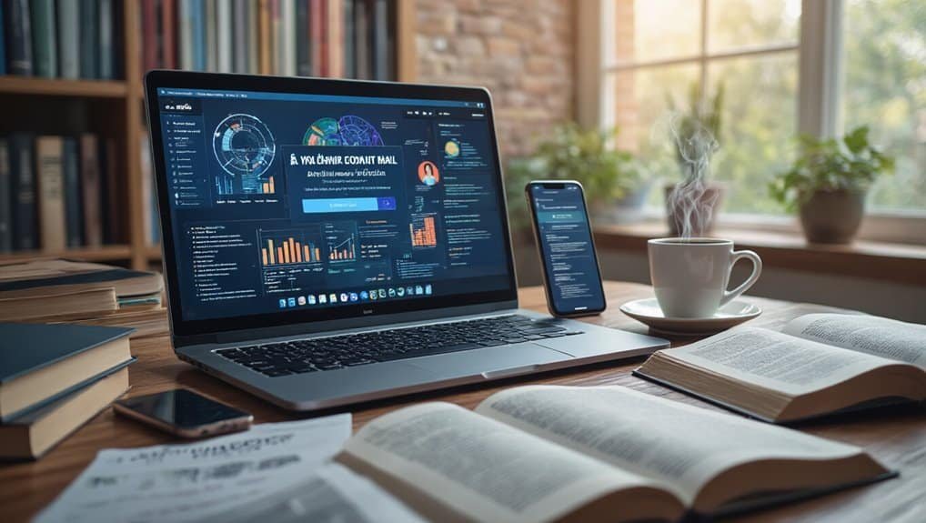 Modern laptop displaying digital analytics dashboard with charts and data visualizations, surrounded by books, a smartphone, and a steaming coffee cup on a wooden desk. Bright window in background.