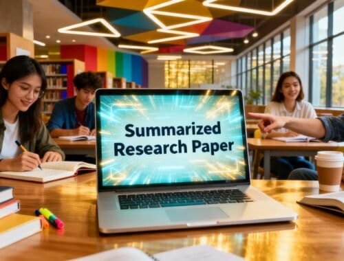 A diverse group of students working together in a bright library, with a laptop displaying "Summarized Research Paper," highlighting academic collaboration and research tools.