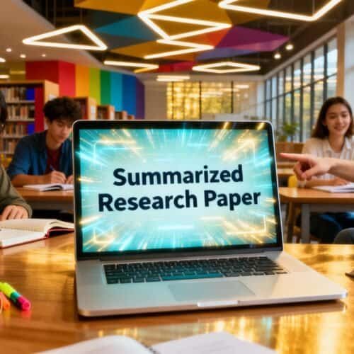 AI Tool to Summarize Research Papers for Students 3 A diverse group of students working together in a bright library, with a laptop displaying "Summarized Research Paper," highlighting academic collaboration and research tools.