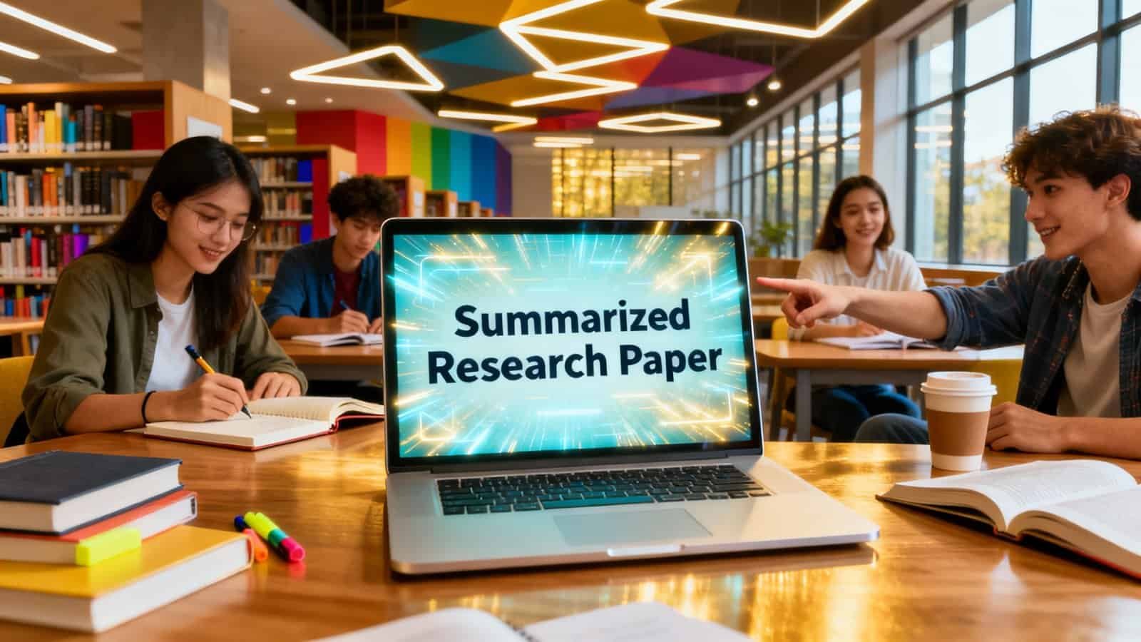 AI Tool to Summarize Research Papers for Students 1 A diverse group of students working together in a bright library, with a laptop displaying "Summarized Research Paper," highlighting academic collaboration and research tools.