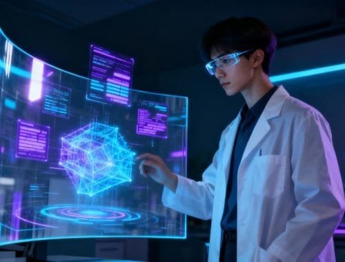 A researcher in a lab uses advanced holographic displays featuring digital data and a 3D network model, showcasing innovation and cutting-edge technology in a modern science environment.