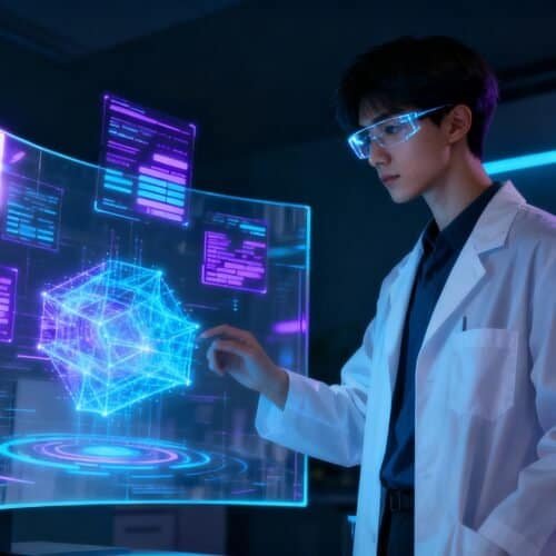A researcher in a lab uses advanced holographic displays featuring digital data and a 3D network model, showcasing innovation and cutting-edge technology in a modern science environment.