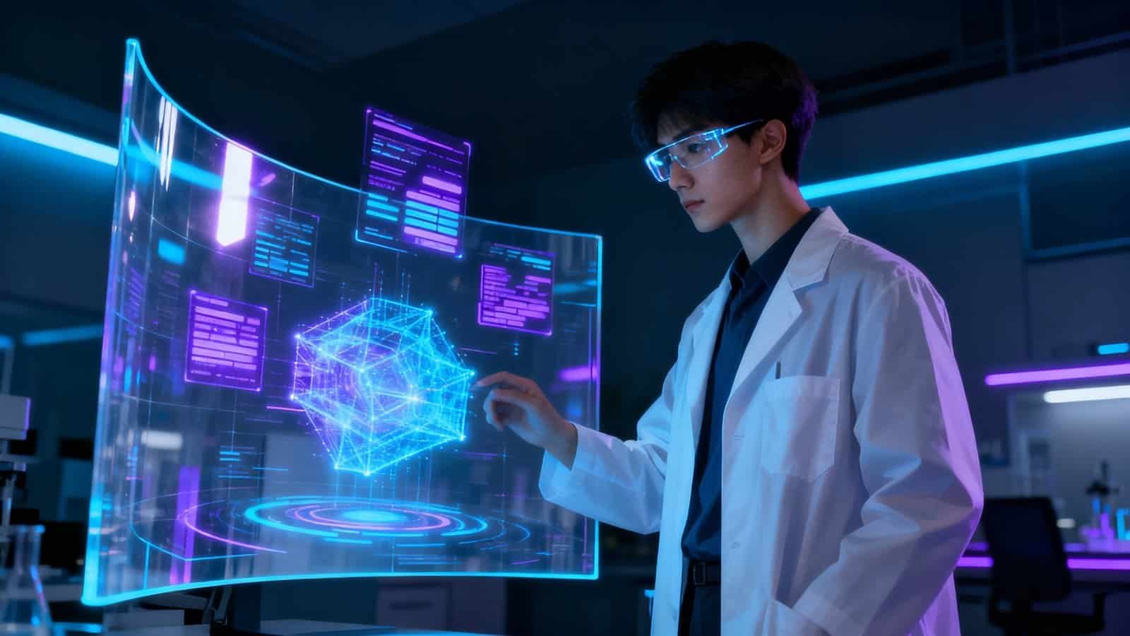 A researcher in a lab uses advanced holographic displays featuring digital data and a 3D network model, showcasing innovation and cutting-edge technology in a modern science environment.