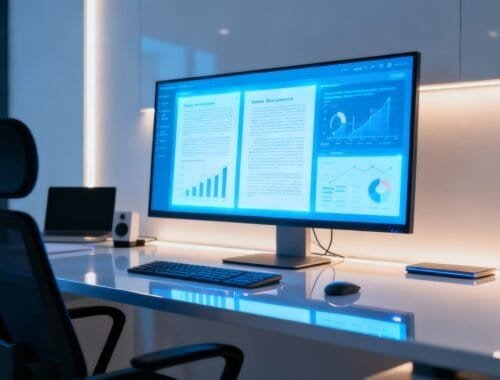 High-tech modern office workspace with a large monitor displaying data analytics, graphs, and charts, illuminated by soft LED lighting, promoting productivity and digital business analysis.