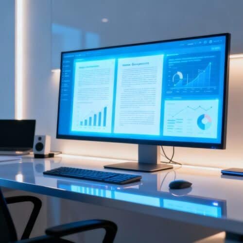 High-tech modern office workspace with a large monitor displaying data analytics, graphs, and charts, illuminated by soft LED lighting, promoting productivity and digital business analysis.