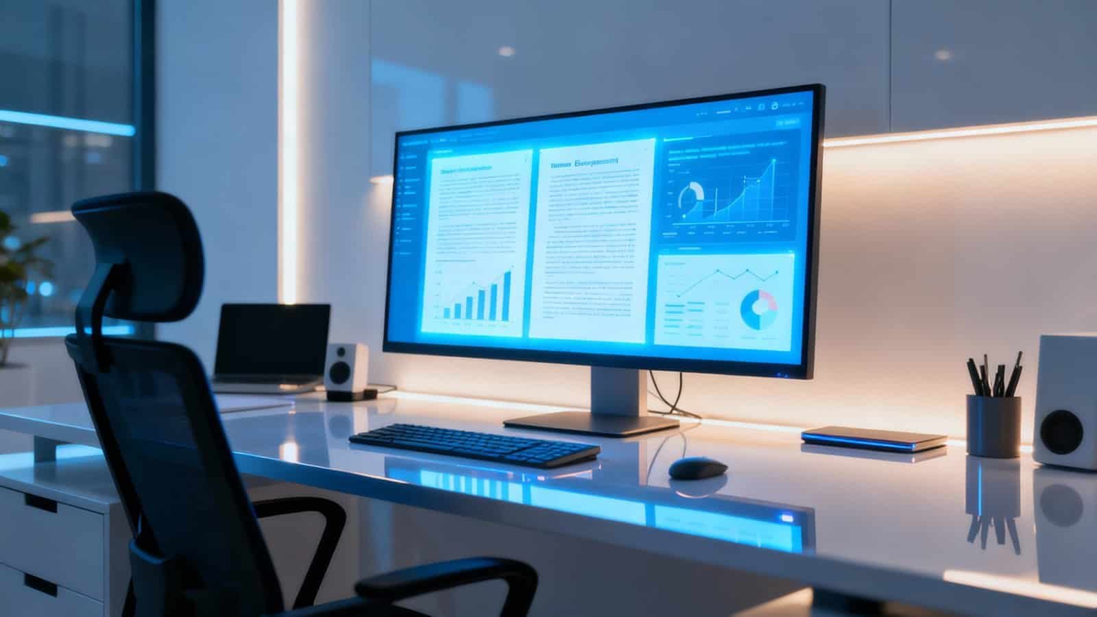 AI Research Assistant That Finds Peer-Reviewed Sources 1 High-tech modern office workspace with a large monitor displaying data analytics, graphs, and charts, illuminated by soft LED lighting, promoting productivity and digital business analysis.
