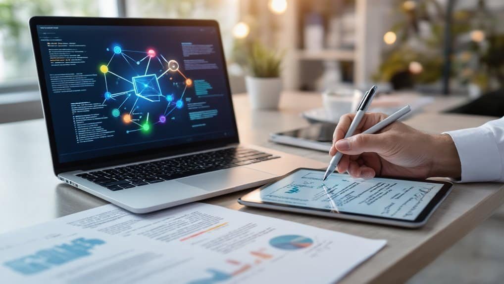 AI-driven data analysis and visualization on a laptop and tablet for website tools and digital marketing insights.